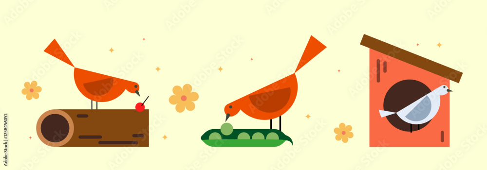 Poster set cute spring square compositions. simple geometry shapes in flat style. abstract modern vivid ele