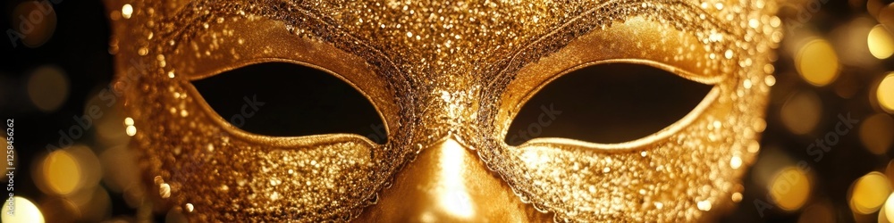 Poster Close-up view of a gold mask with soft lights in the background, ideal for use as a decorative element or in advertising concepts