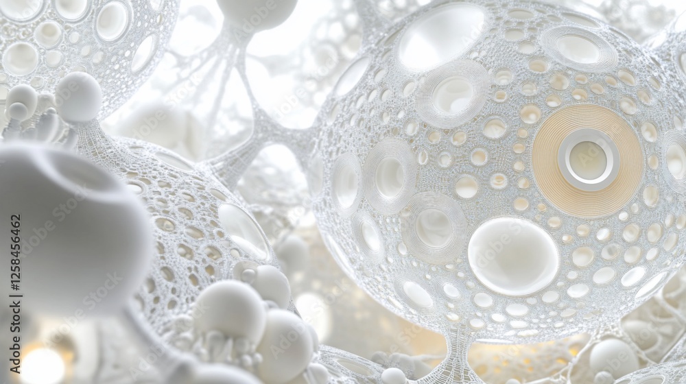 Fototapete abstract 3d rendering of interconnected spheres with intricate, holey textures, creating a complex, 