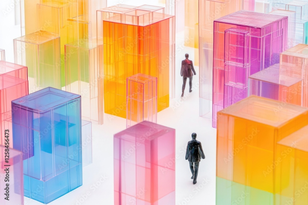 Poster a person stands in front of a collection of brightly colored cubes, ideal for use in illustrations a
