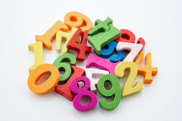 Fototapeta premium Number wood block cubes for learning Mathematic, education math.