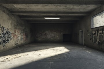 A large concrete room with an open ceiling, an industrial-style interior design.