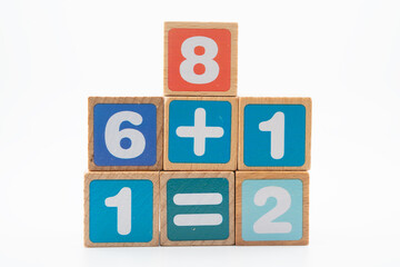 Number wood block cubes for learning Mathematic, education math.
