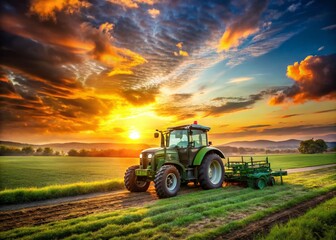 Fototapeta premium Sunset Farm Scene: Green Tractor Double Exposure Photography