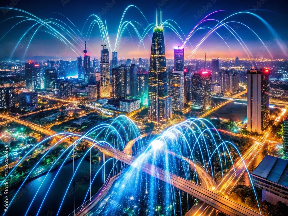 Poster aerial view of anonymous data streams flowing through a city - big data concept