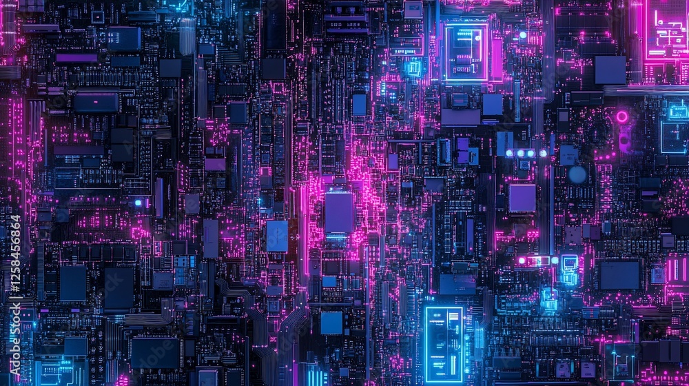 Aufkleber abstract neon circuit board texture with glowing components.
