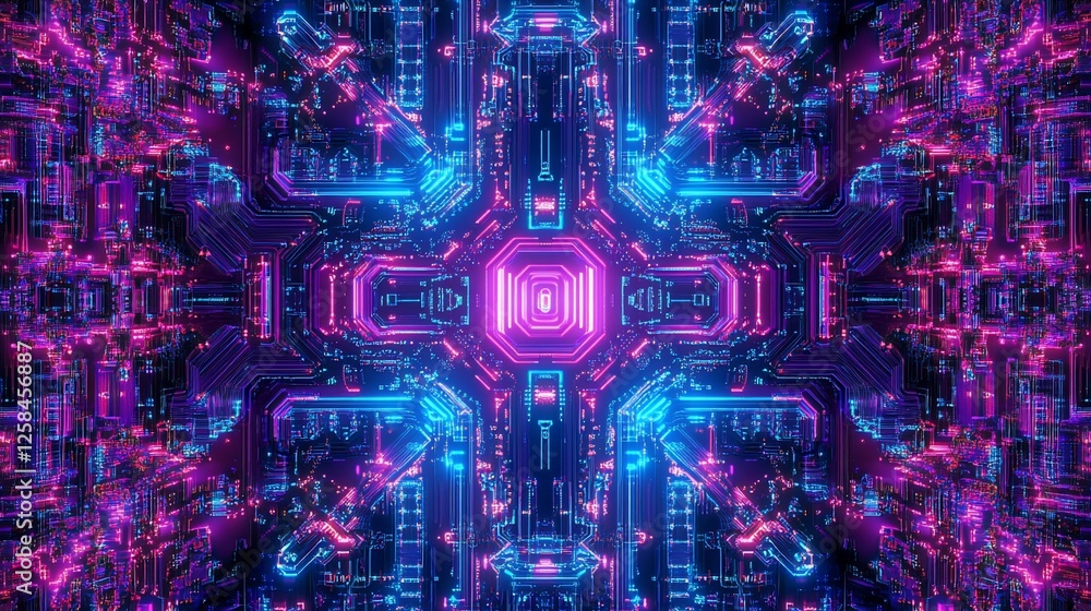 Poster abstract neon glowing symmetrical fractal pattern.