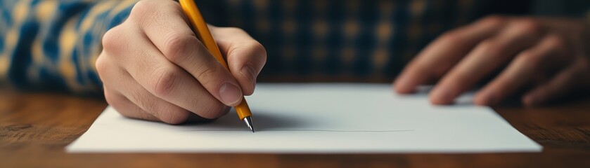Fototapeta premium A hand holds a pencil above a blank sheet of paper, suggesting the beginning of a creative process or writing.