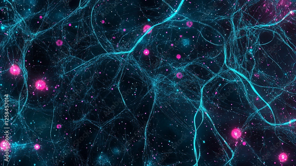 Poster abstract cosmic network with glowing particles and lines.