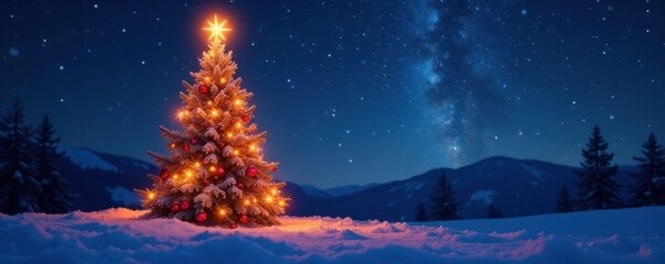 Fototapeta premium Sparkling Christmas tree under the starry night sky, nature, outdoors