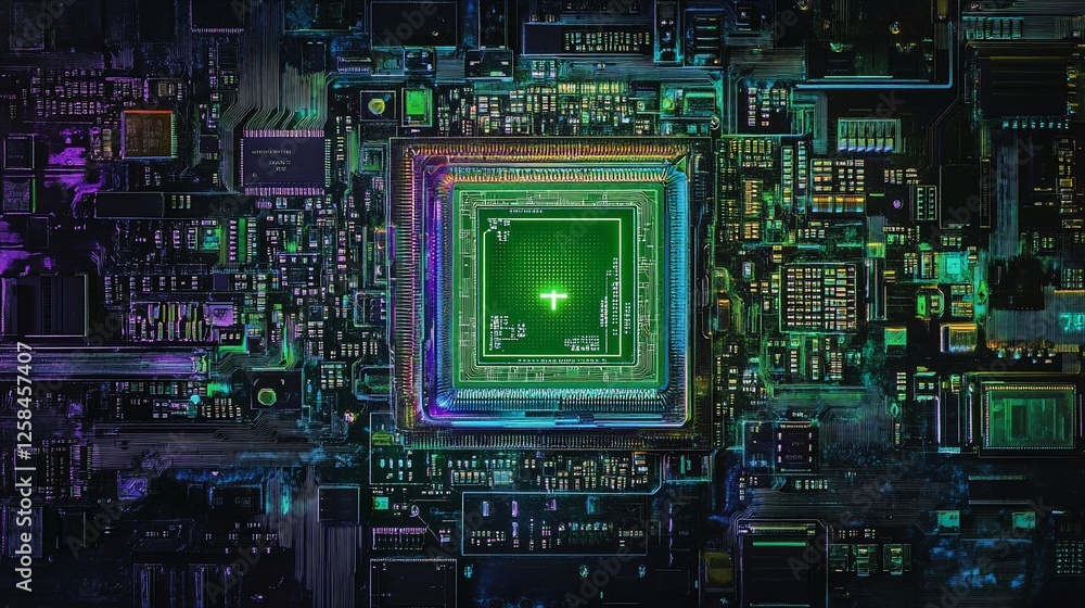 Poster close-up of a complex circuit board with a central green processor.