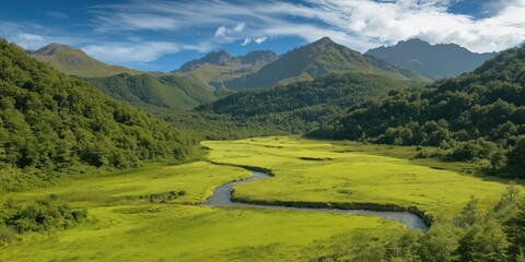 Valley Stream Winding Through Meadow Under Mountains of Lush Green Mountainscape