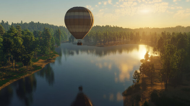 Nature scene with flying hot air balloon, lake and coniferous forest on coast at sunset. Vector parallax background for 2d animation with cartoon airship with basket fly over river at evening