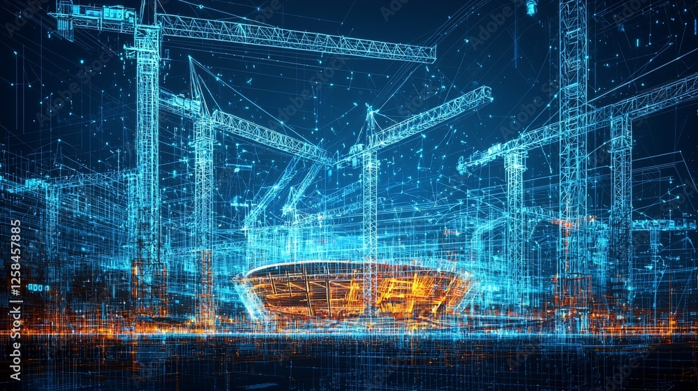 Poster digital wireframe rendering of construction cranes and stadium.
