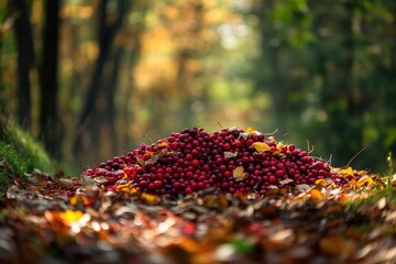 A large pile of fresh cranberries on the ground, with leaves scattered around them