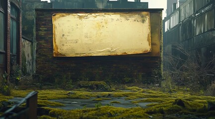 Blank sign on weathered brick wall in overgrown, abandoned industrial area.