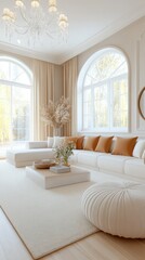 Cozy living room with natural light and modern decor highlighting warm tones and elegant furnishings