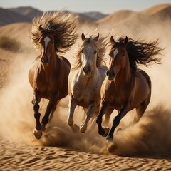 Obraz premium Majestic Horses Galloping Through Desert Sands, Three powerful horses running gracefully across golden sands, symbolizing freedom and strength in nature.