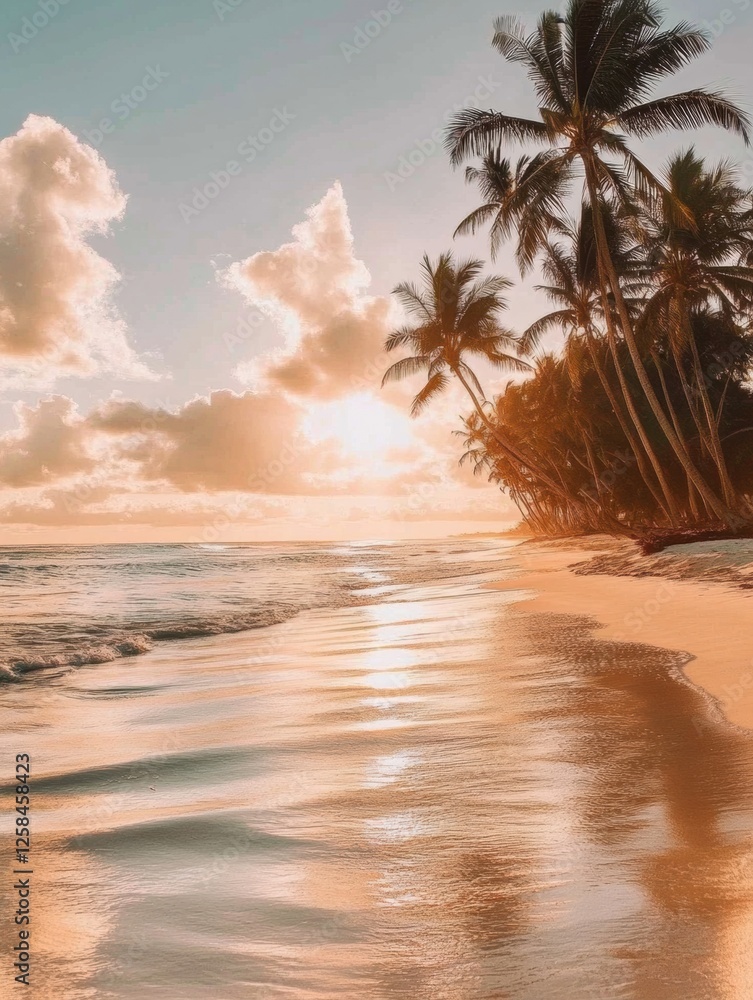 Poster breathtaking sunrise over tranquil beach with palm trees and gentle waves on the shore. generative a
