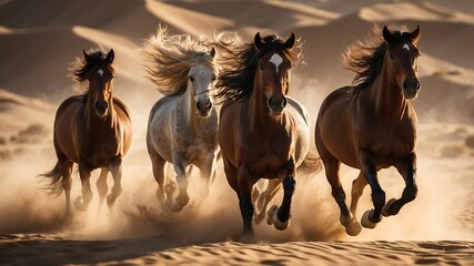 Majestic Horses Galloping Through Desert Sands, Three powerful horses running gracefully across golden sands, symbolizing freedom and strength in nature.