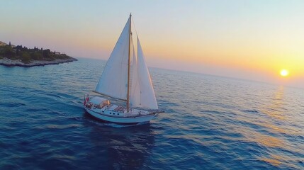 Fototapeta premium As the sun begins to set, casting a warm golden glow across the calm sea, I sail peacefully along a picturesque coastline