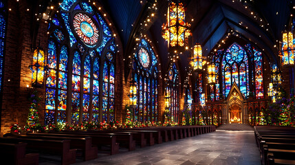 Obraz premium Festive Church Interior, Christmas Decor, Tranquil Atmosphere, Holiday Service