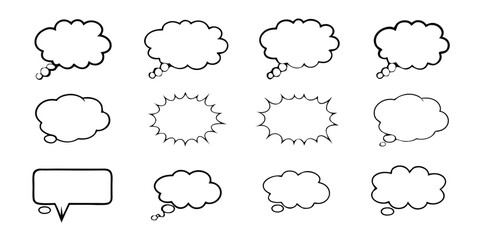  black hand drawn grunge charcoal, chalk speech bubbles, Balloon Vector Outline Illustration, Ideal for meme, poster, tag, banner, hashtag, dialogue Isolated on white background
