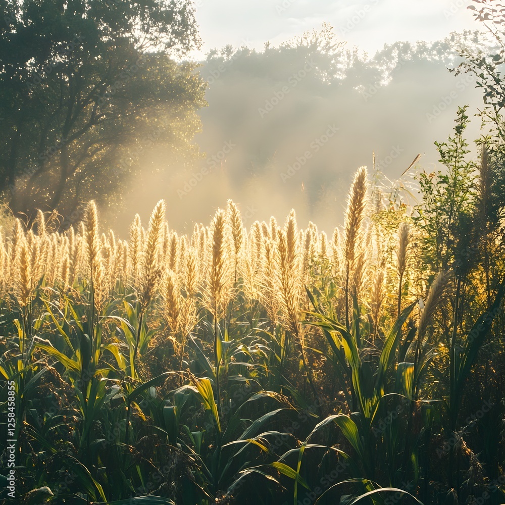 Poster a field of tall grass with trees in the background