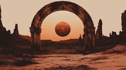 Fototapeta premium An ancient stone archway frames a large, reddish planet in a desolate, surreal landscape. The setting sun casts an orange glow.
