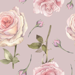 A seamless floral pattern featuring delicate pink rose flowers. Hand-painted watercolor illustration.