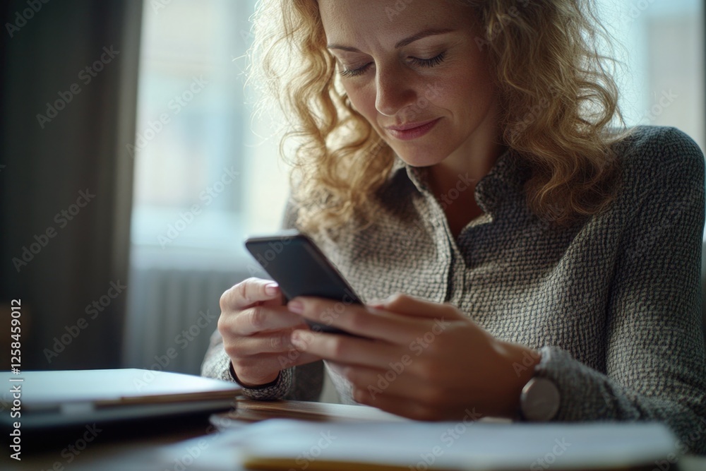 Poster a person sitting at a table looking at their mobile device