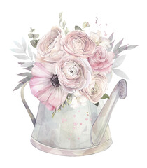 A watering can decorated with delicate flowers. Hand-painted watercolor illustration.