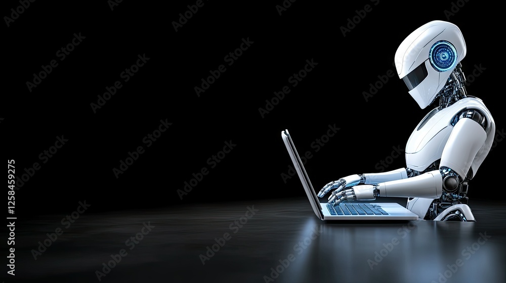 Poster robot working on laptop in a dimly lit environment showcasing artificial intelligence capabilities a