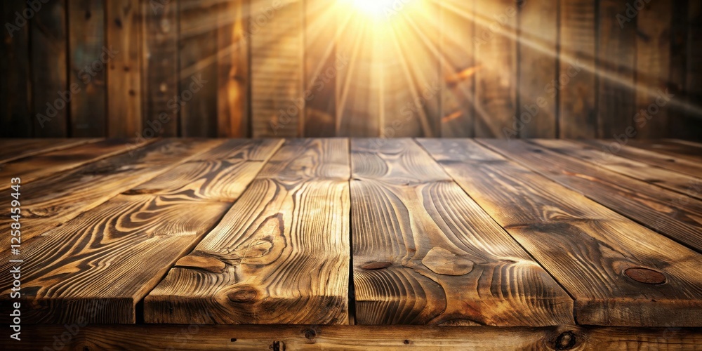 Poster rustic wooden tabletop display with warm sunlight rays illuminating a background of aged wooden plan