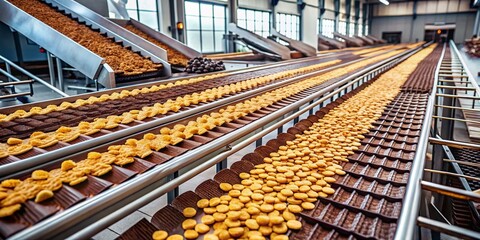 Aerial View of Chocolate Crisp Production, Factory Overhead Shot, Confectionery Manufacturing Process