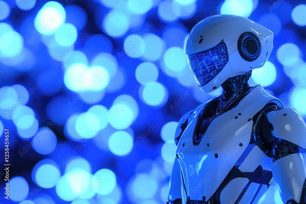 Poster close-up shot of a robot facing a bright blue background, ideal for tech-related designs or futurist