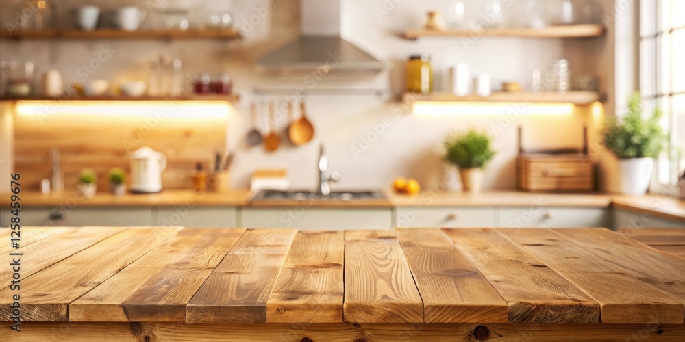 Poster rustic wooden table in front of a blurred modern kitchen background, ideal for product placement and