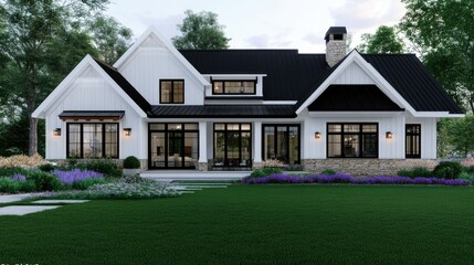 Fototapeta premium Modern farmhouse exterior with lush landscaping and manicured lawn in bright daylight showcasing elegant architectural features