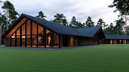 Obraz premium Modern wooden architecture set in a lush green forest during twilight hours showcasing sleek design and large windows reflecting nature