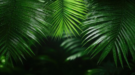 In the early morning, after a refreshing rain, lush green palm fronds flourish beautifully in their tropical environment