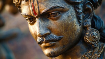 A close-up view of a statue depicting a man with a distinctive moustache