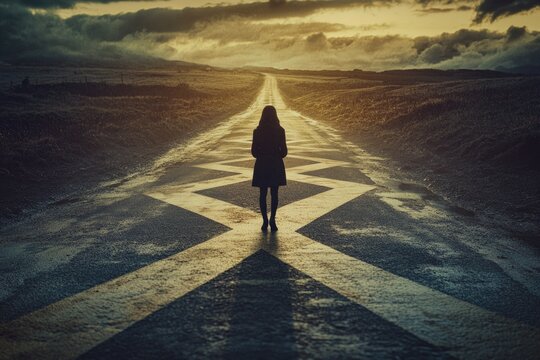 A person walking down a road with a unique star pattern, great for illustrations or abstract designs