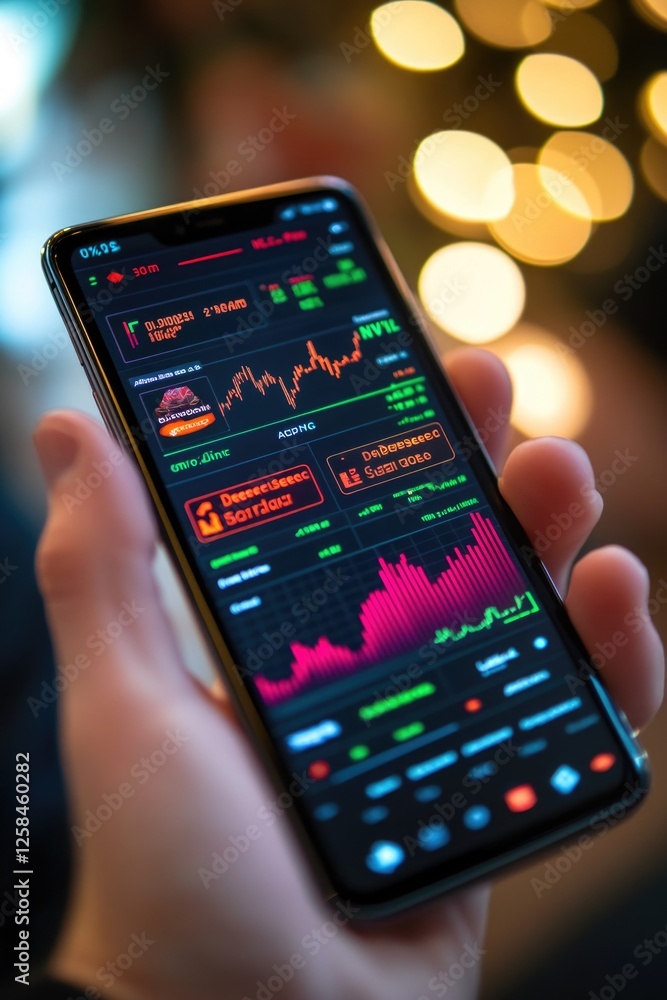 Poster man reviewing financial data on his mobile device, potentially making investment decisions