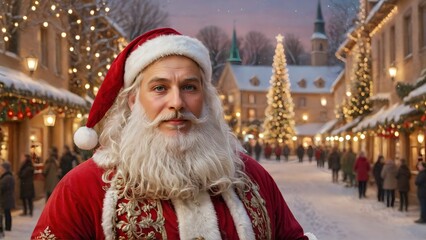 Cheerful Santa Claus Golden Christmas Lights Festive Bokeh Holiday Atmosphere