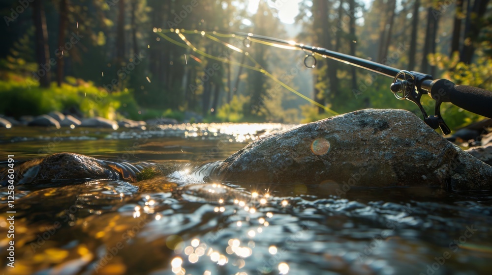 Poster A person is fishing in a serene stream with sunlight filtering through trees, creating a glittering effect on the water while gentle ripples are visible.