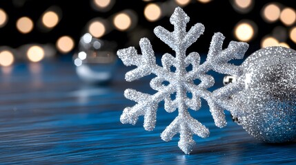 Sparkling Silver Snowflake and Ornament on a Blue Background