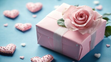 A pink gift box with a rose on top, perfect for romantic occasions or as a decorative piece