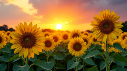 Obraz premium Sunflower Field at Sunset, Warm and Vibrant