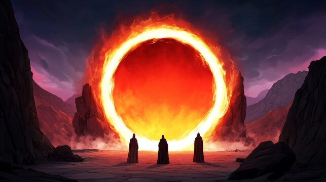 Three cloaked figures stand before a fiery, circular portal in a desolate, rocky landscape. An intense, otherworldly scene.