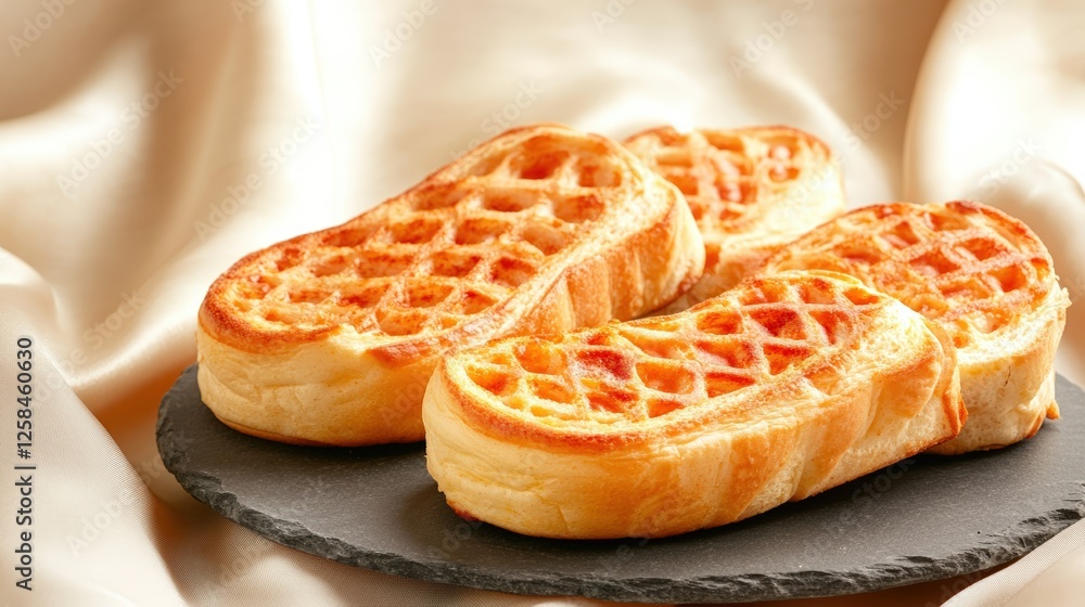 Poster close-up of a plate with two small pieces of bread in a rustic ambiance setting